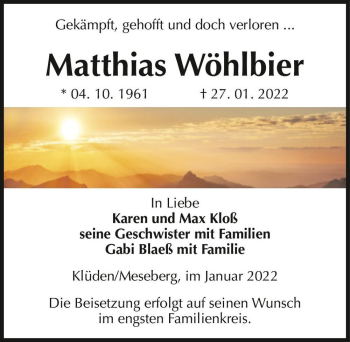 Traueranzeige von Matthias Wöhlbier  von Magdeburger Volksstimme