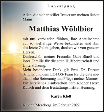 Traueranzeige von Matthias Wöhlbier  von Magdeburger Volksstimme