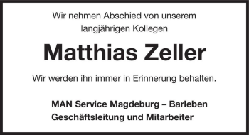 Traueranzeige von Matthias Zeller  von Magdeburger Volksstimme