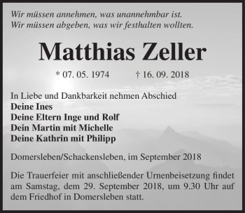 Traueranzeige von Matthias Zeller  von Magdeburger Volksstimme