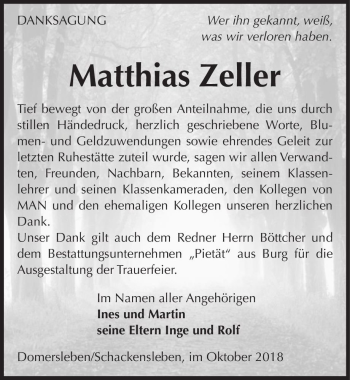 Traueranzeige von Matthias Zeller  von Magdeburger Volksstimme
