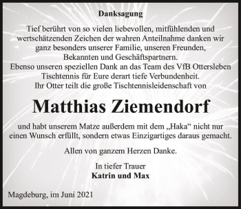 Traueranzeige von Matthias Ziemendorf  von Magdeburger Volksstimme