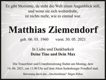 Traueranzeige von Matthias Ziemendorf  von Magdeburger Volksstimme