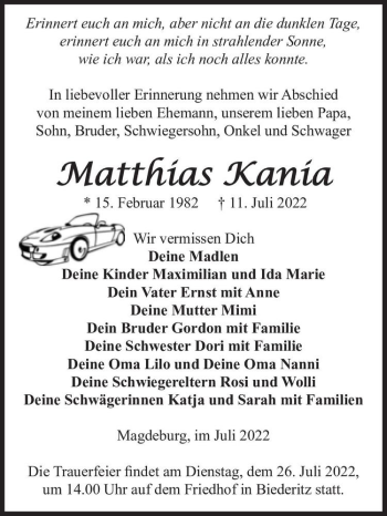 Traueranzeige von Matthías Kanía  von Magdeburger Volksstimme