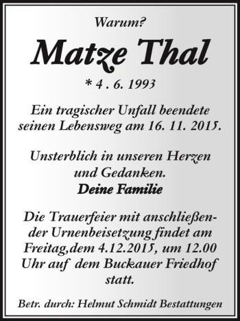 Traueranzeige von Matze Thal  von Magdeburger Volksstimme