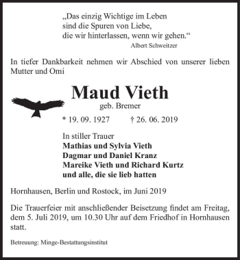 Traueranzeige von Maud Vieth (geb. Bremer)  von Magdeburger Volksstimme