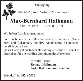 Traueranzeige von Max-Bernhard Hallmann  von Magdeburger Volksstimme