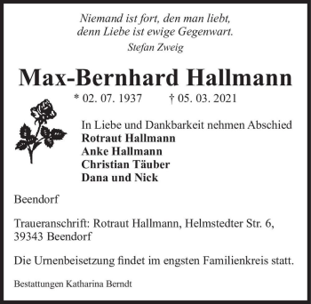Traueranzeige von Max-Bernhard Hallmann  von Magdeburger Volksstimme