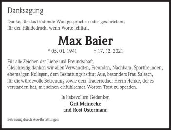 Traueranzeige von Max Baier  von Magdeburger Volksstimme