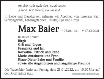 Traueranzeige von Max Baier  von Magdeburger Volksstimme
