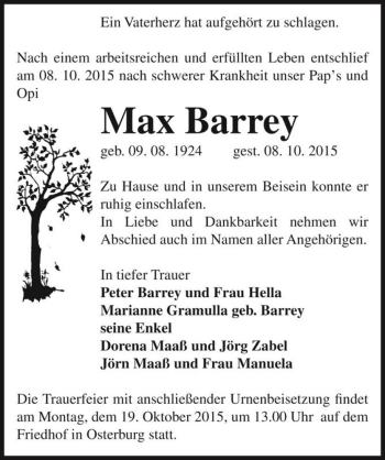 Traueranzeige von Max Barrey  von Magdeburger Volksstimme