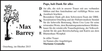 Traueranzeige von Max Barrey  von Magdeburger Volksstimme
