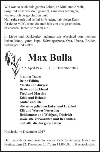Traueranzeige von Max Bulla  von Magdeburger Volksstimme