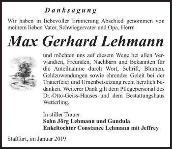 Traueranzeige von Max Gerhard Lehmann  von Magdeburger Volksstimme