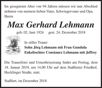 Traueranzeige von Max Gerhard Lehmann  von Magdeburger Volksstimme