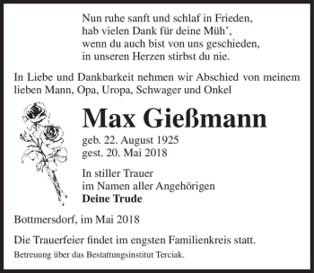 Traueranzeige von Max Gießmann  von Magdeburger Volksstimme