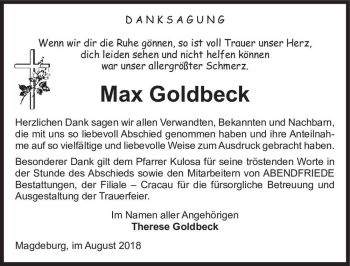 Traueranzeige von Max Goldbeck  von Magdeburger Volksstimme