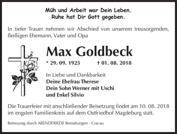 Traueranzeige von Max Goldbeck  von Magdeburger Volksstimme