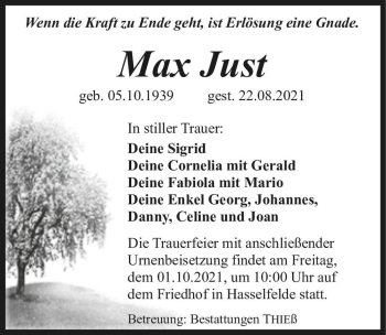 Traueranzeige von Max Just  von Magdeburger Volksstimme