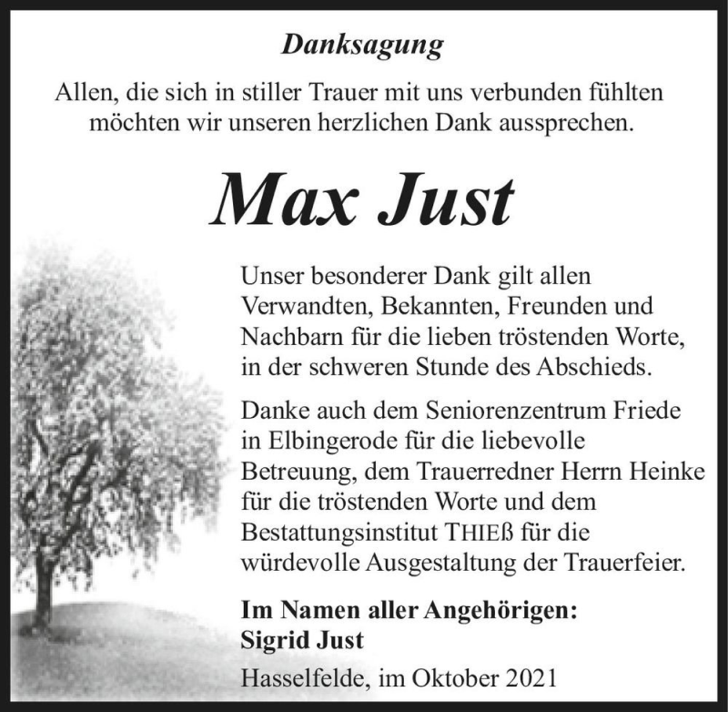  Traueranzeige für Max Just  vom 16.10.2021 aus Magdeburger Volksstimme