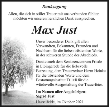 Traueranzeige von Max Just  von Magdeburger Volksstimme