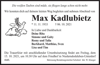Traueranzeige von Max Kadlubietz  von Magdeburger Volksstimme
