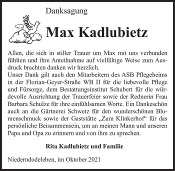 Traueranzeige von Max Kadlubietz  von Magdeburger Volksstimme