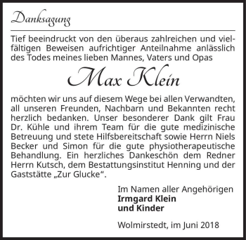 Traueranzeige von Max Klein  von Magdeburger Volksstimme