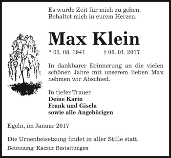 Traueranzeige von Max Klein  von Magdeburger Volksstimme