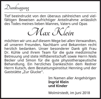 Traueranzeige von Max Klein  von Magdeburger Volksstimme