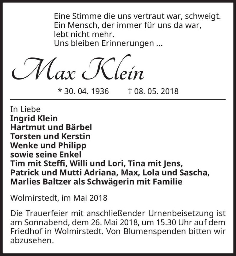 Traueranzeige für Max Klein  vom 16.05.2018 aus Magdeburger Volksstimme