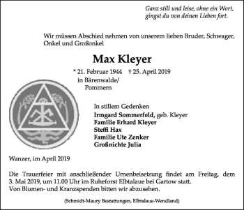 Traueranzeige von Max Kleyer  von Magdeburger Volksstimme