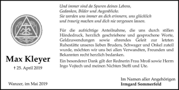 Traueranzeige von Max Kleyer  von Magdeburger Volksstimme