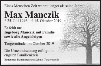 Traueranzeige von Max Manczik  von Magdeburger Volksstimme