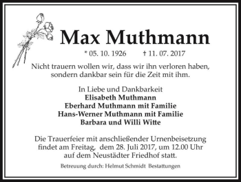 Traueranzeige von Max Muthmann  von Magdeburger Volksstimme