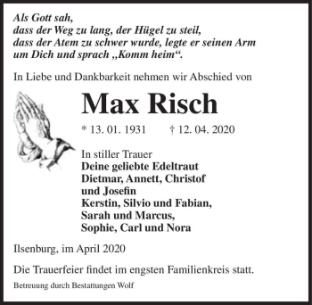 Traueranzeige von Max Risch  von Magdeburger Volksstimme