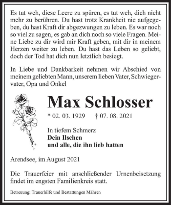 Traueranzeige von Max Schlosser  von Magdeburger Volksstimme