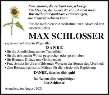 Traueranzeige von Max Schlosser  von Magdeburger Volksstimme