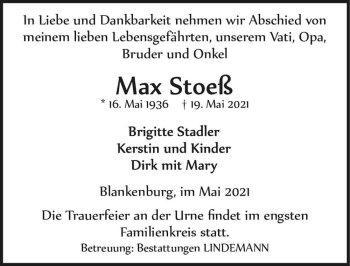 Traueranzeige von Max Stoeß  von Magdeburger Volksstimme