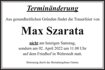 Traueranzeige von Max Szarata  von Magdeburger Volksstimme