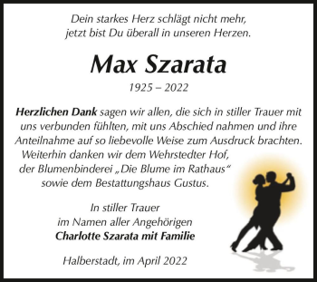 Traueranzeige von Max Szarata  von Magdeburger Volksstimme