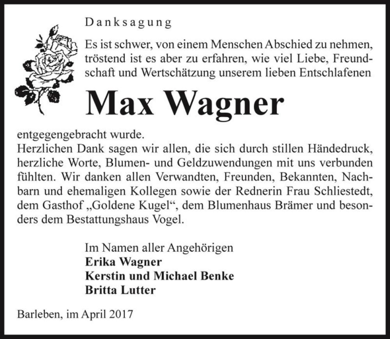  Traueranzeige für Max Wagner  vom 06.05.2017 aus Magdeburger Volksstimme