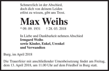 Traueranzeige von Max Weihs  von Magdeburger Volksstimme