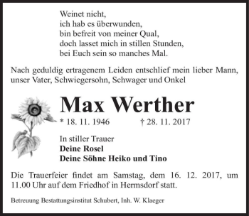 Traueranzeige von Max Werther  von Magdeburger Volksstimme