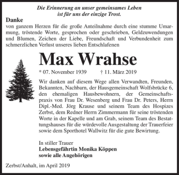 Traueranzeige von Max Wrahse  von Magdeburger Volksstimme