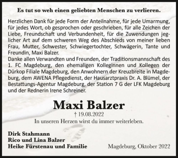 Traueranzeige von Maxi Balzer  von Magdeburger Volksstimme