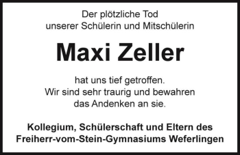 Traueranzeige von Maxi Zeller  von Magdeburger Volksstimme