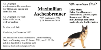 Traueranzeige von Maximilan Aschennbrenner  von Magdeburger Volksstimme