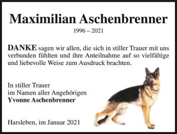 Traueranzeige von Maximilian Aschenbrenner  von Magdeburger Volksstimme
