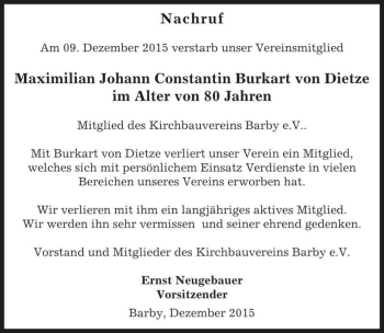 Traueranzeige von Maximilian Johann Constantin Burkart von Dietze  von Magdeburger Volksstimme